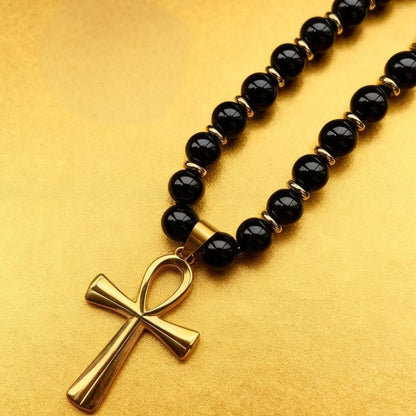 Vintage Cross Pendant Necklace with Hematite Beads