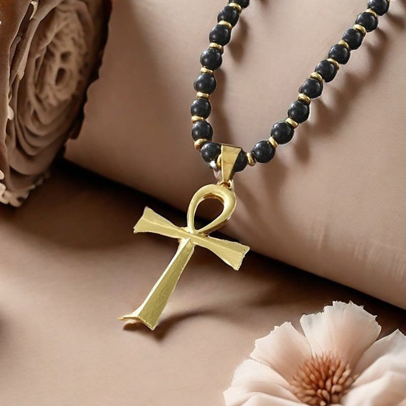 Vintage Cross Pendant Necklace with Hematite Beads