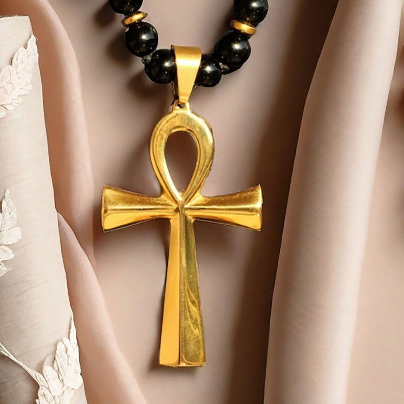 Vintage Cross Pendant Necklace with Hematite Beads