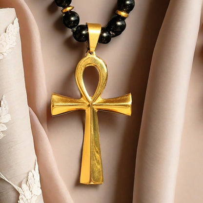 Vintage Cross Pendant Necklace with Hematite Beads