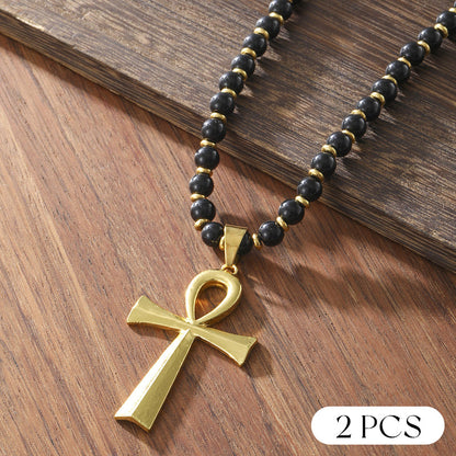 Vintage Cross Pendant Necklace with Hematite Beads