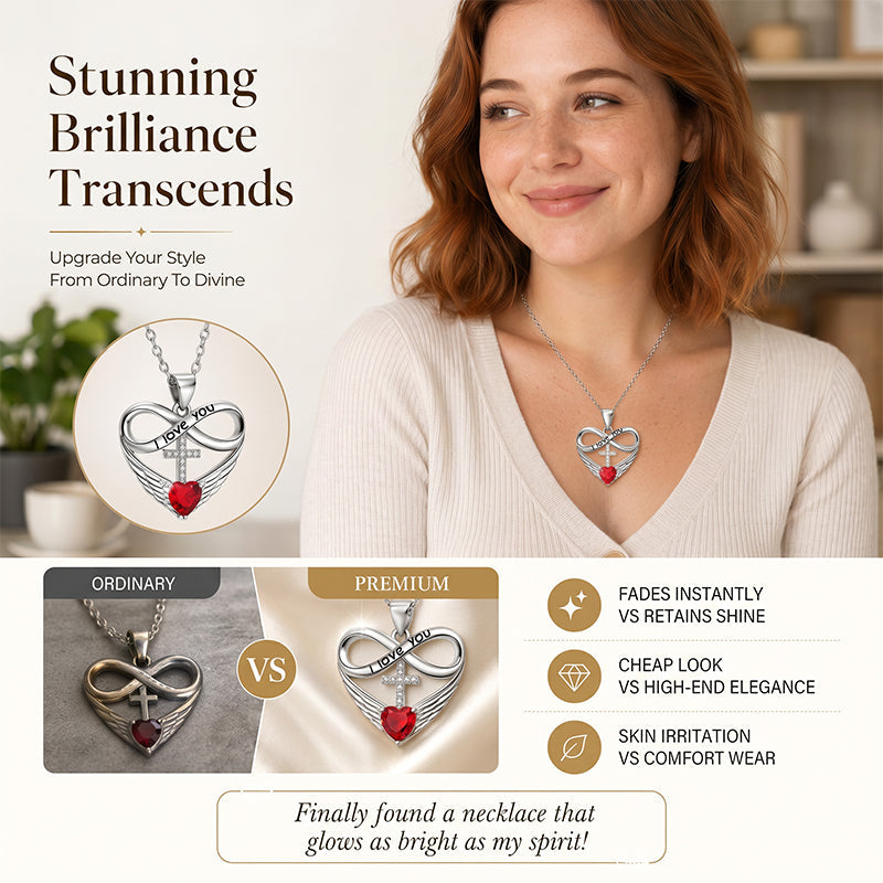 Infinity Heart Cross Necklace with Wing Pendant