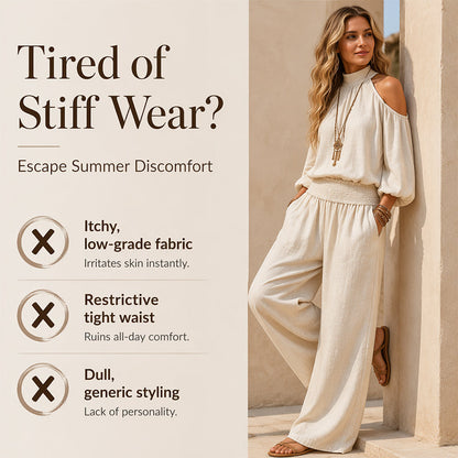 🎉 LIMITED TIME 50% OFF! 🌸 Women's Cold Shoulder Halter Neck Top & Wide-Leg Trousers Set – Boho Elegance & Linen-Like Breathability ✨