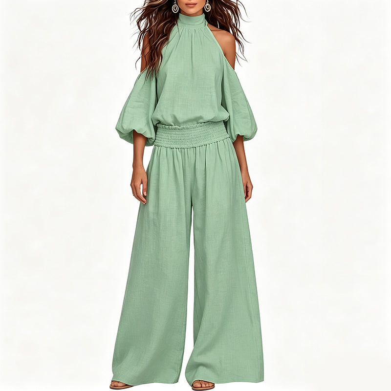 🎉 LIMITED TIME 50% OFF! 🌸 Women's Cold Shoulder Halter Neck Top & Wide-Leg Trousers Set – Boho Elegance & Linen-Like Breathability ✨