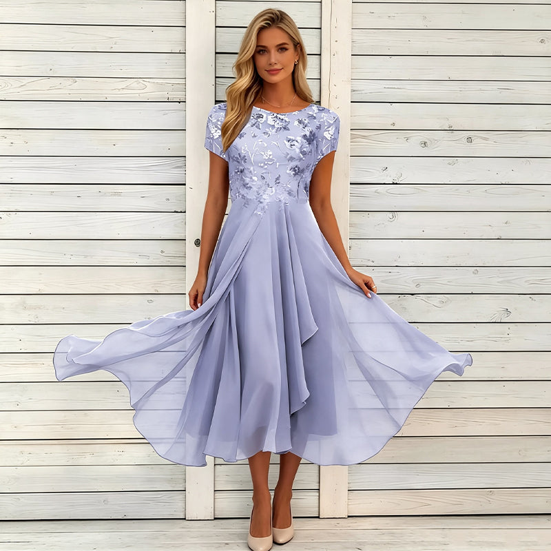 Women's Elegant Sequin Floral Print Chiffon Dress
