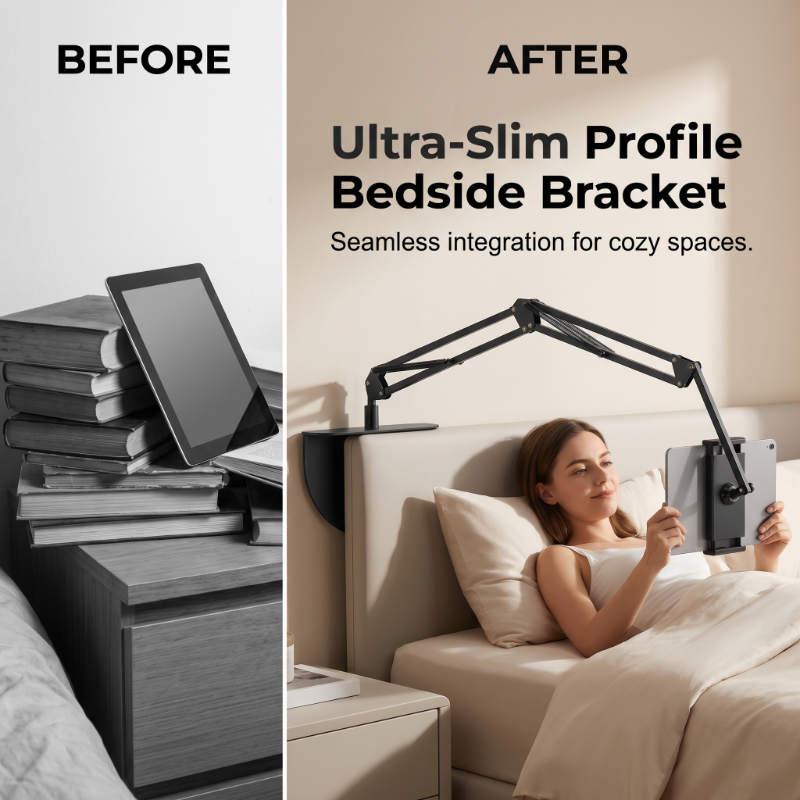 🛏️50% OFF NOW! Hands‑Free Hidden Bedside Tablet Stand, No‑Drill Mattress‑Base Tablet Holder, Stable Anti‑Shake Adjustable Arm for Bed Watching, Fits Phones & Tablets