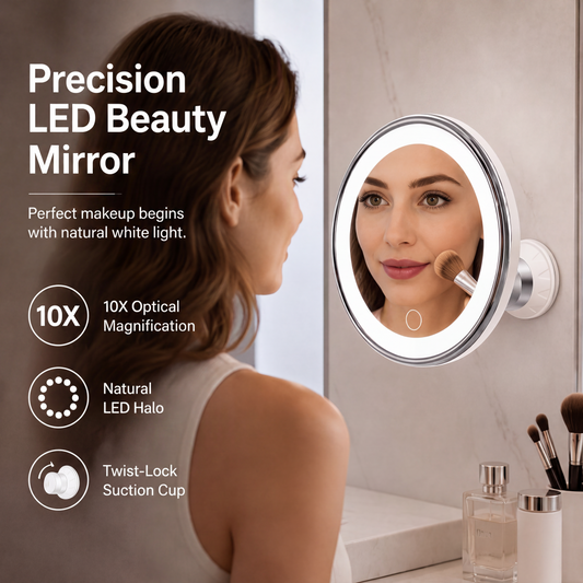 10x Magnifying Makeup Mirror with LED Light and Suction Cup