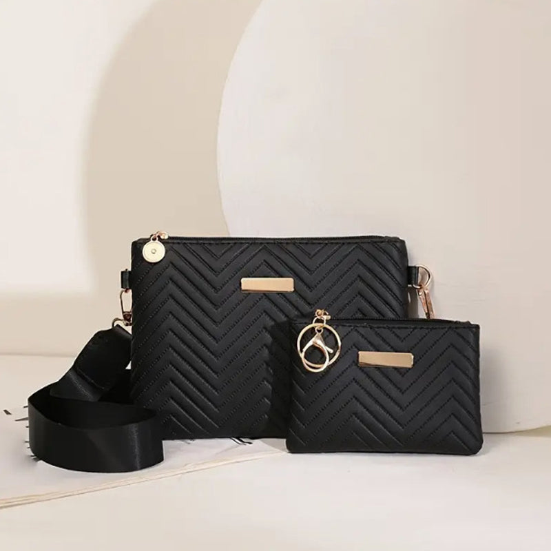 Women Wave Embossed Crossbody Bag Set Wide Strap Commuter Shoulder Bag