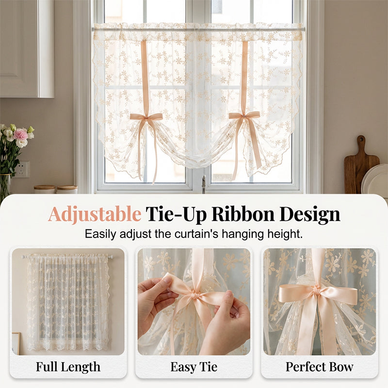 Embroidered Floral Tie-Up Sheer Curtain