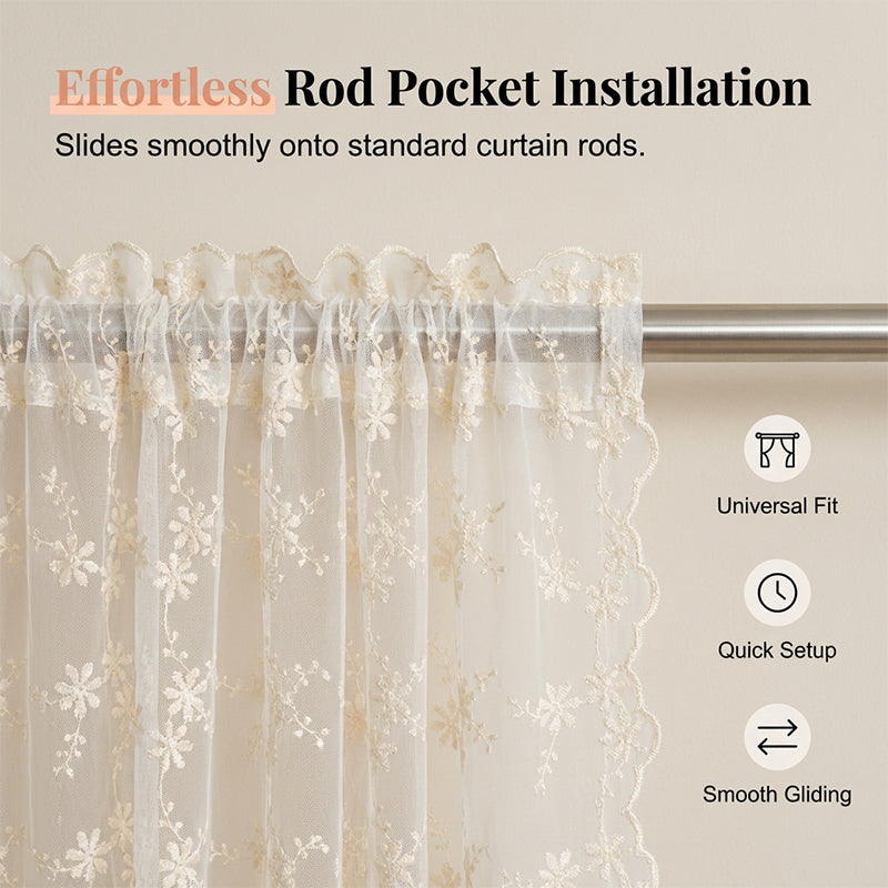 Embroidered Floral Tie-Up Sheer Curtain