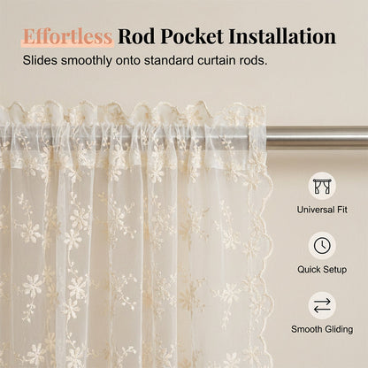 Embroidered Floral Tie-Up Sheer Curtain