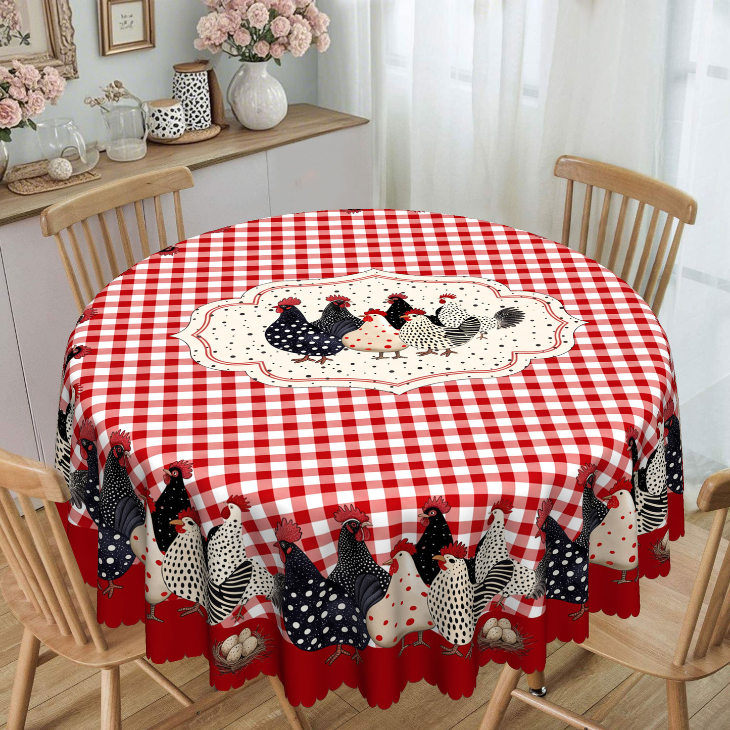 Red Plaid Rooster Tablecloth
