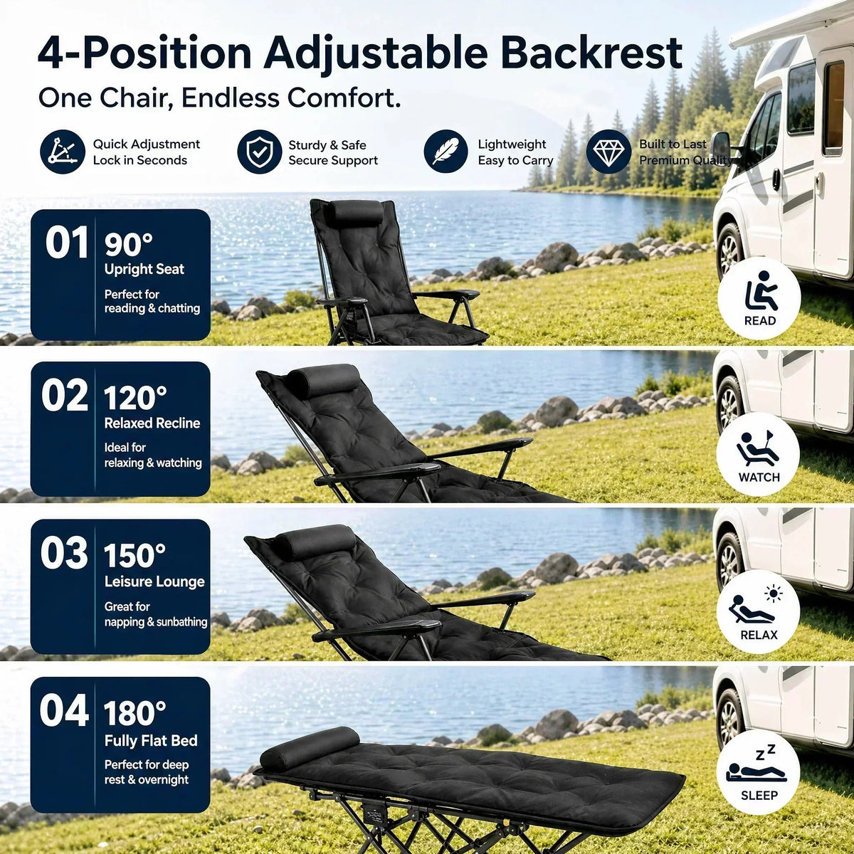 🥾 Adjustable Folding Chair – 3/4 Recline Positions, Leg Rest – Reinforced Carbon Steel, 300 lbs – 600D Oxford – Folds for Camping & Beach! 🛡️💨