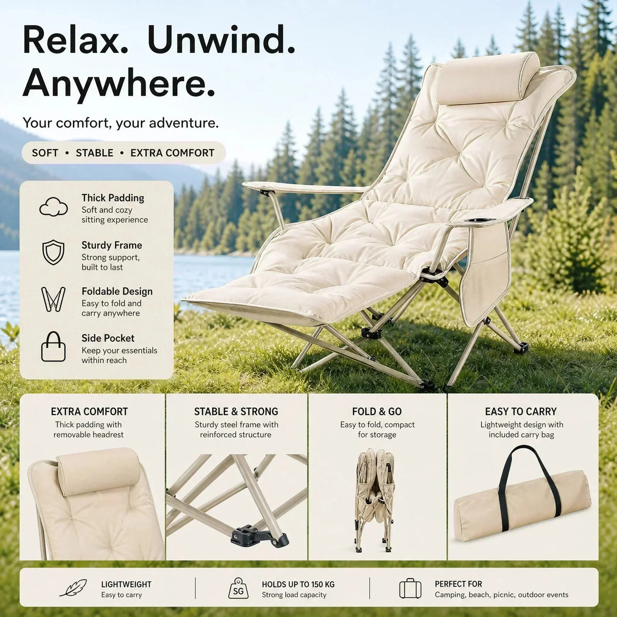 🥾 Adjustable Folding Chair – 3/4 Recline Positions, Leg Rest – Reinforced Carbon Steel, 300 lbs – 600D Oxford – Folds for Camping & Beach! 🛡️💨