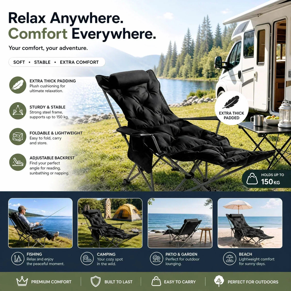 🥾 Adjustable Folding Chair – 3/4 Recline Positions, Leg Rest – Reinforced Carbon Steel, 300 lbs – 600D Oxford – Folds for Camping & Beach! 🛡️💨