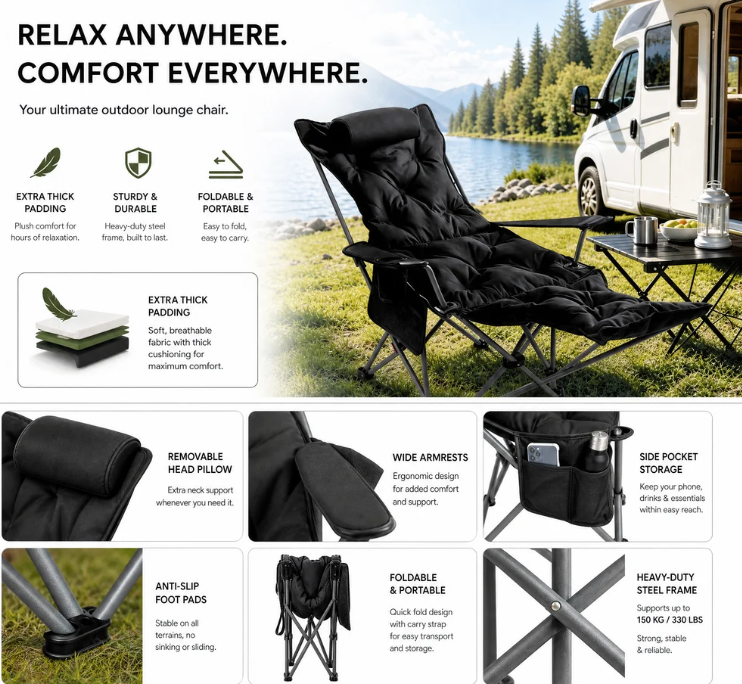🥾 Adjustable Folding Chair – 3/4 Recline Positions, Leg Rest – Reinforced Carbon Steel, 300 lbs – 600D Oxford – Folds for Camping & Beach! 🛡️💨