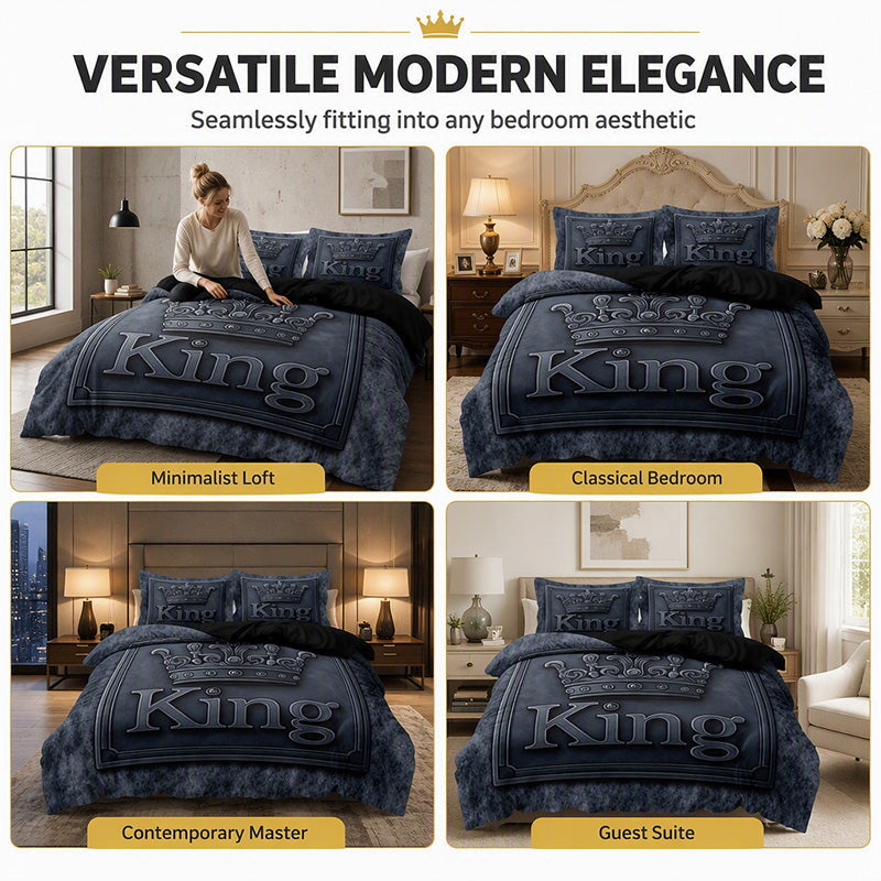 🛌☁️Modern Crown‑Print 3‑Piece Bedding Set | Soft Brushed Micro‑Fiber Duvet‑Cover Kit🧵