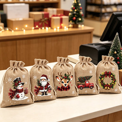 🎅 50% OFF! 🎄 Christmas Drawstring Gift Bags – Santa, Snowman & Reindeer Prints for Gifting & Party Favours 2