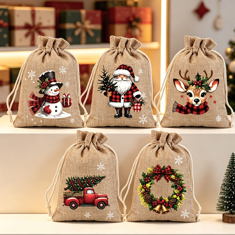 🎅 50% OFF! 🎄 Christmas Drawstring Gift Bags – Santa, Snowman & Reindeer Prints for Gifting & Party Favours 2