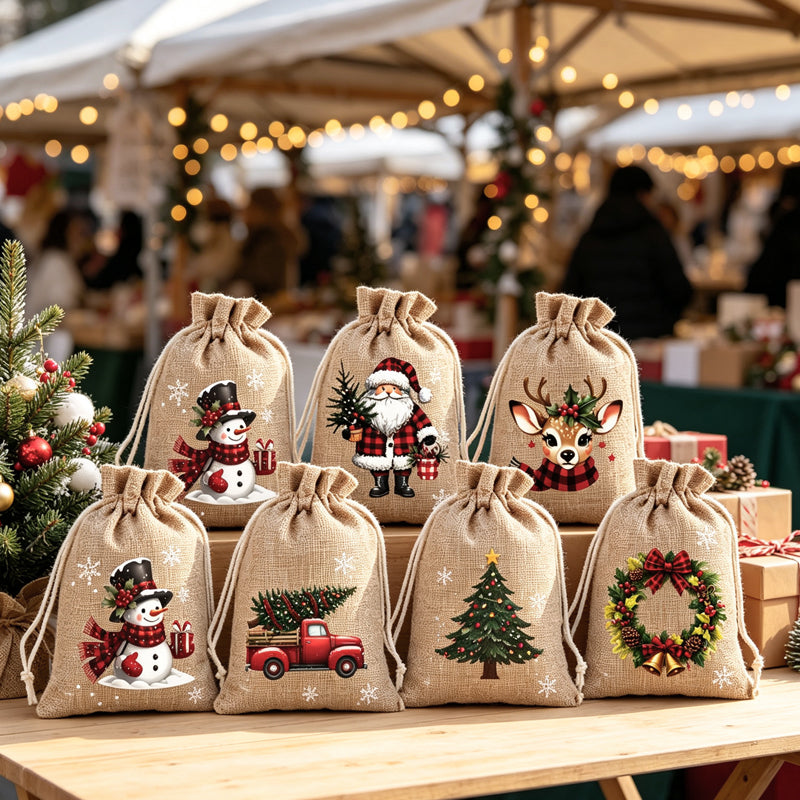 🎅 50% OFF! 🎄 Christmas Drawstring Gift Bags – Santa, Snowman & Reindeer Prints for Gifting & Party Favours 2