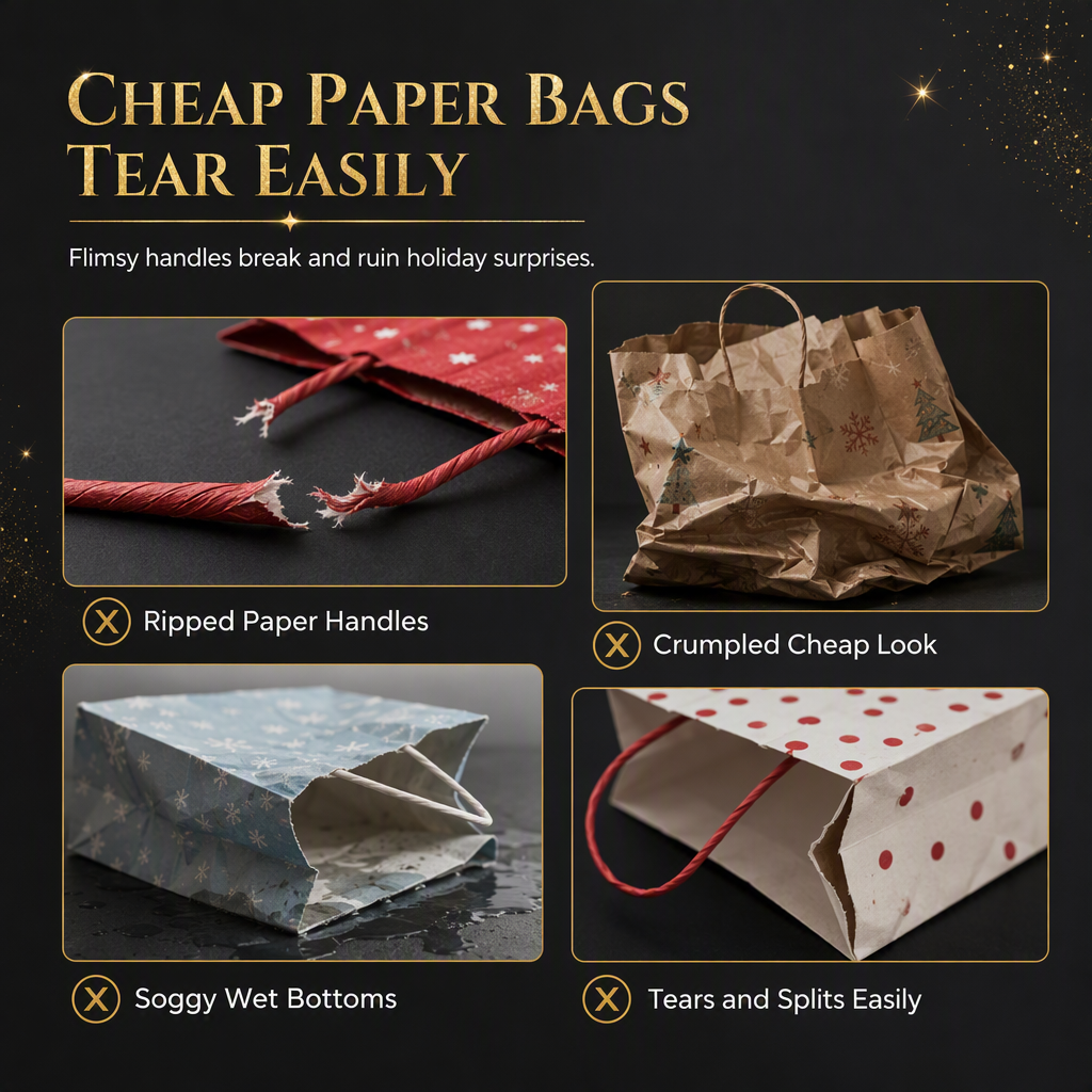 🎄 Black Christmas Non-Woven Gift Tote: 23x22x11cm, Gold Foil Design, Tear-Resistant, Reusable Holiday Bag