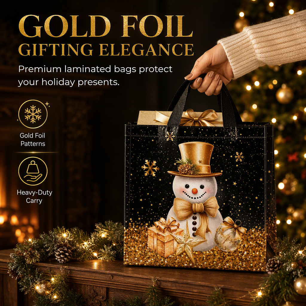 🎄 Black Christmas Non-Woven Gift Tote: 23x22x11cm, Gold Foil Design, Tear-Resistant, Reusable Holiday Bag