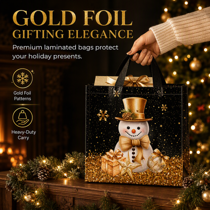 🎄 Black Christmas Non-Woven Gift Tote: 23x22x11cm, Gold Foil Design, Tear-Resistant, Reusable Holiday Bag