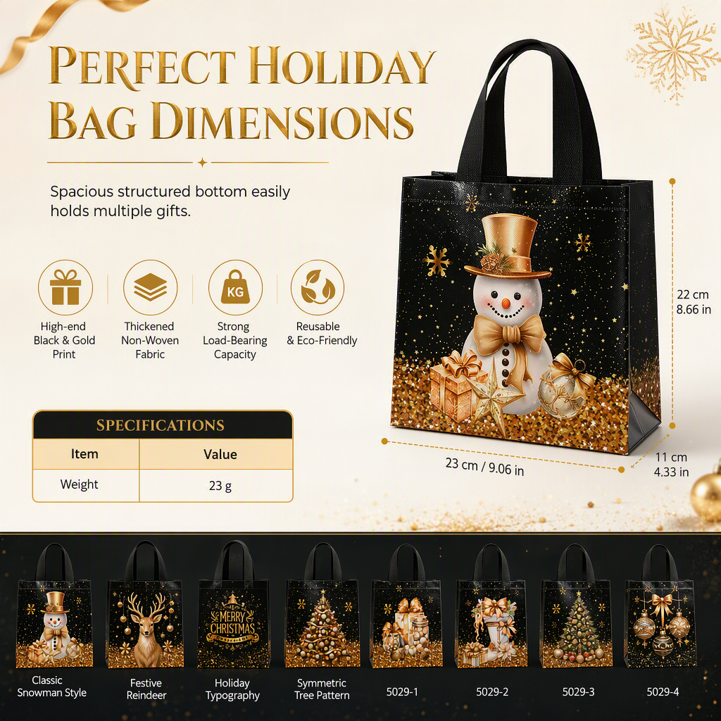 🎄 Black Christmas Non-Woven Gift Tote: 23x22x11cm, Gold Foil Design, Tear-Resistant, Reusable Holiday Bag