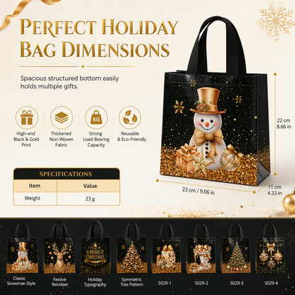 🎄 Black Christmas Non-Woven Gift Tote: 23x22x11cm, Gold Foil Design, Tear-Resistant, Reusable Holiday Bag
