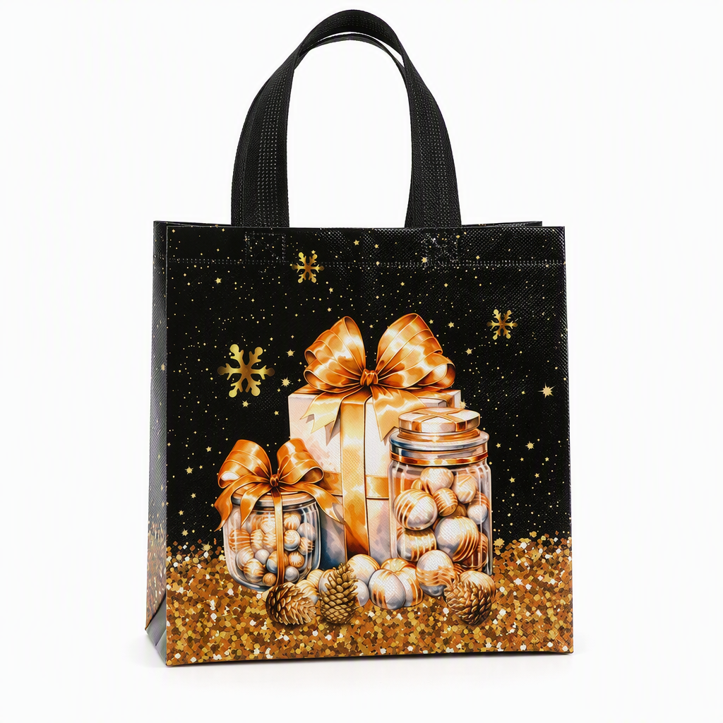 🎄 Black Christmas Non-Woven Gift Tote: 23x22x11cm, Gold Foil Design, Tear-Resistant, Reusable Holiday Bag