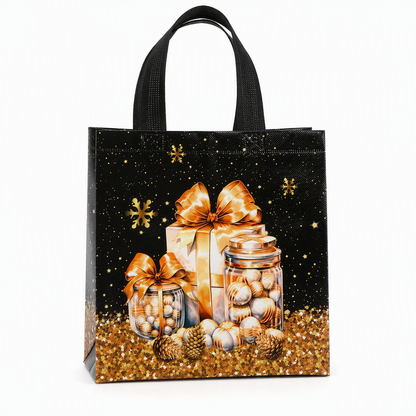 🎄 Black Christmas Non-Woven Gift Tote: 23x22x11cm, Gold Foil Design, Tear-Resistant, Reusable Holiday Bag