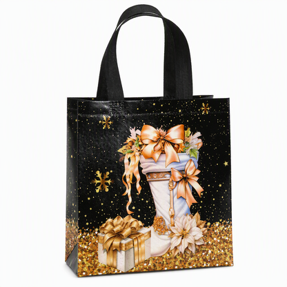 🎄 Black Christmas Non-Woven Gift Tote: 23x22x11cm, Gold Foil Design, Tear-Resistant, Reusable Holiday Bag