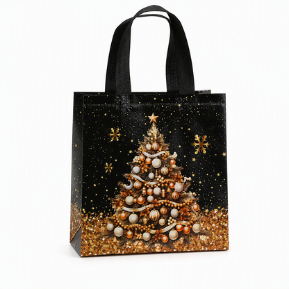 🎄 Black Christmas Non-Woven Gift Tote: 23x22x11cm, Gold Foil Design, Tear-Resistant, Reusable Holiday Bag