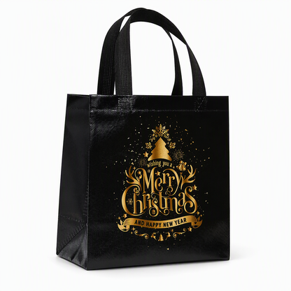 🎄 Black Christmas Non-Woven Gift Tote: 23x22x11cm, Gold Foil Design, Tear-Resistant, Reusable Holiday Bag