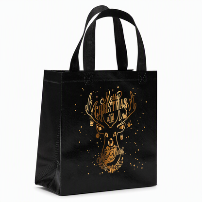 🎄 Black Christmas Non-Woven Gift Tote: 23x22x11cm, Gold Foil Design, Tear-Resistant, Reusable Holiday Bag