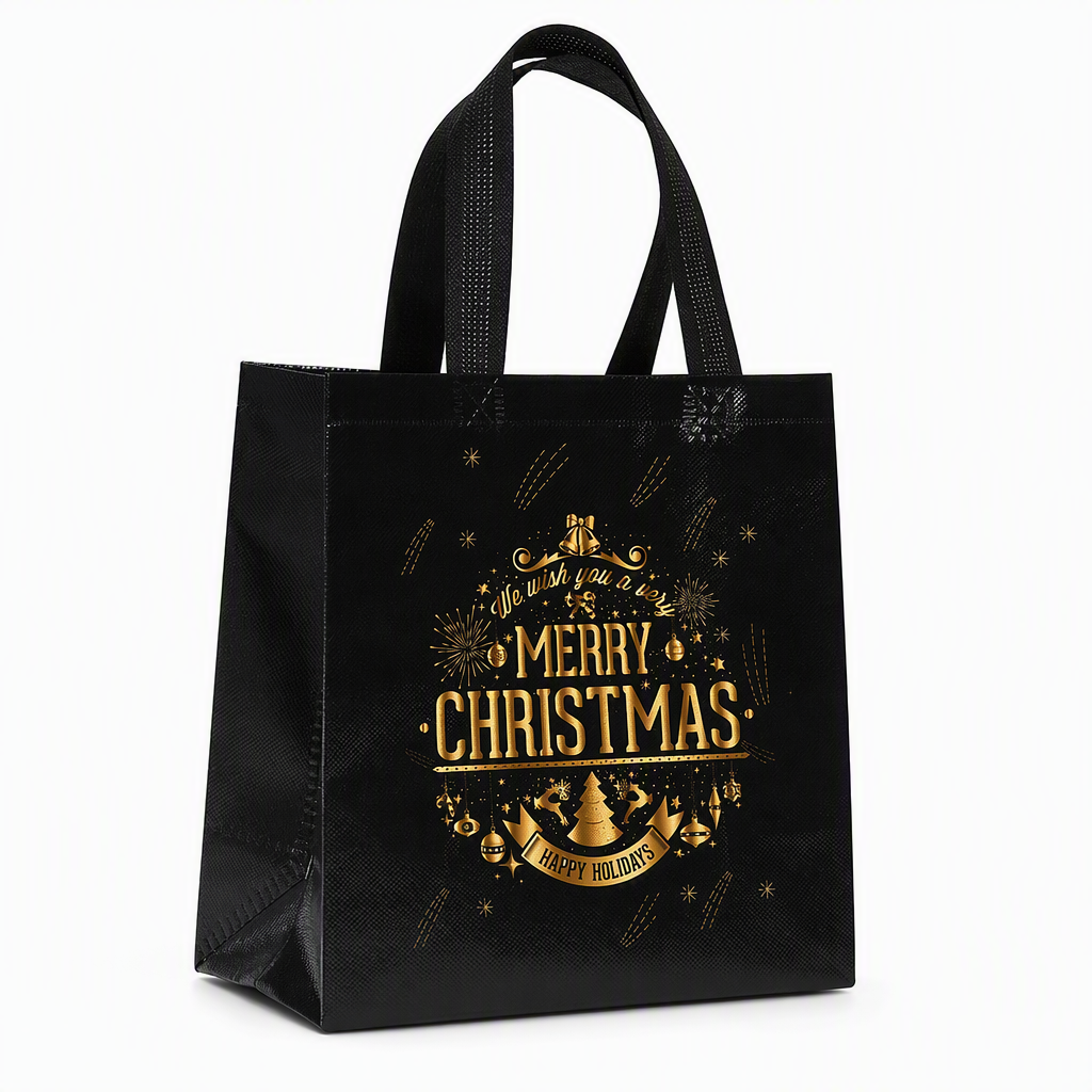 🎄 Black Christmas Non-Woven Gift Tote: 23x22x11cm, Gold Foil Design, Tear-Resistant, Reusable Holiday Bag