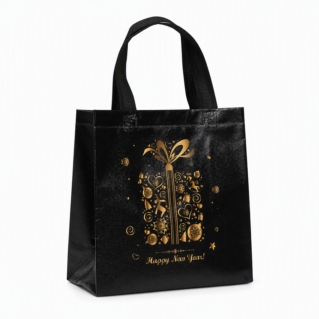 🎄 Black Christmas Non-Woven Gift Tote: 23x22x11cm, Gold Foil Design, Tear-Resistant, Reusable Holiday Bag
