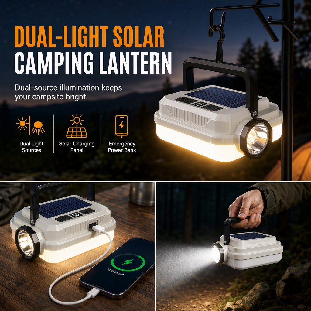 🏕️50% OFF NOW🔥Dual‑Light Solar Camping Lantern‑Multi‑Function Portable Solar Work Light with Power Bank, Hanging Emergency Lamp for Camping Hiking Power‑Outage