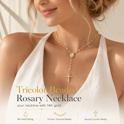 Retro Gold Tone Virgin Mary Crucifix Cross Pendant Necklace with Beaded Y-Chain