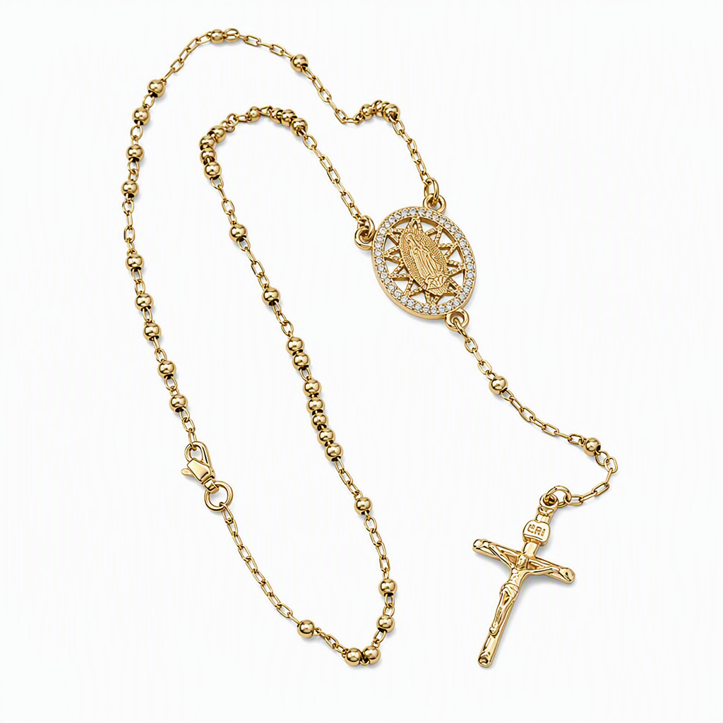 Retro Gold Tone Virgin Mary Crucifix Cross Pendant Necklace with Beaded Y-Chain