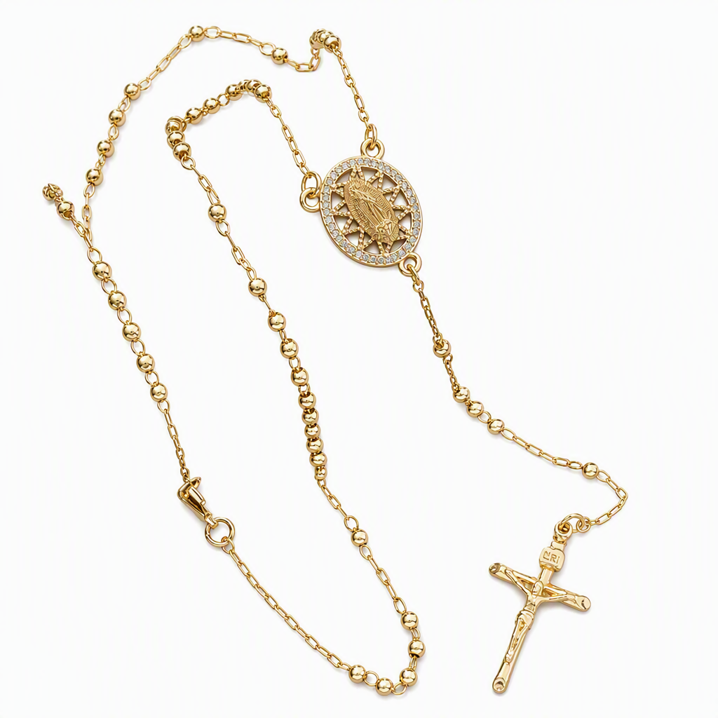Retro Gold Tone Virgin Mary Crucifix Cross Pendant Necklace with Beaded Y-Chain