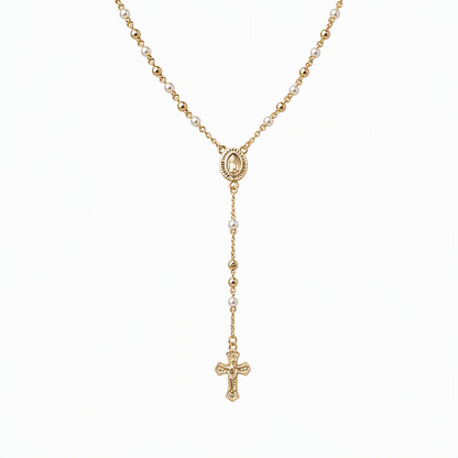 Retro Gold Tone Virgin Mary Crucifix Cross Pendant Necklace with Beaded Y-Chain