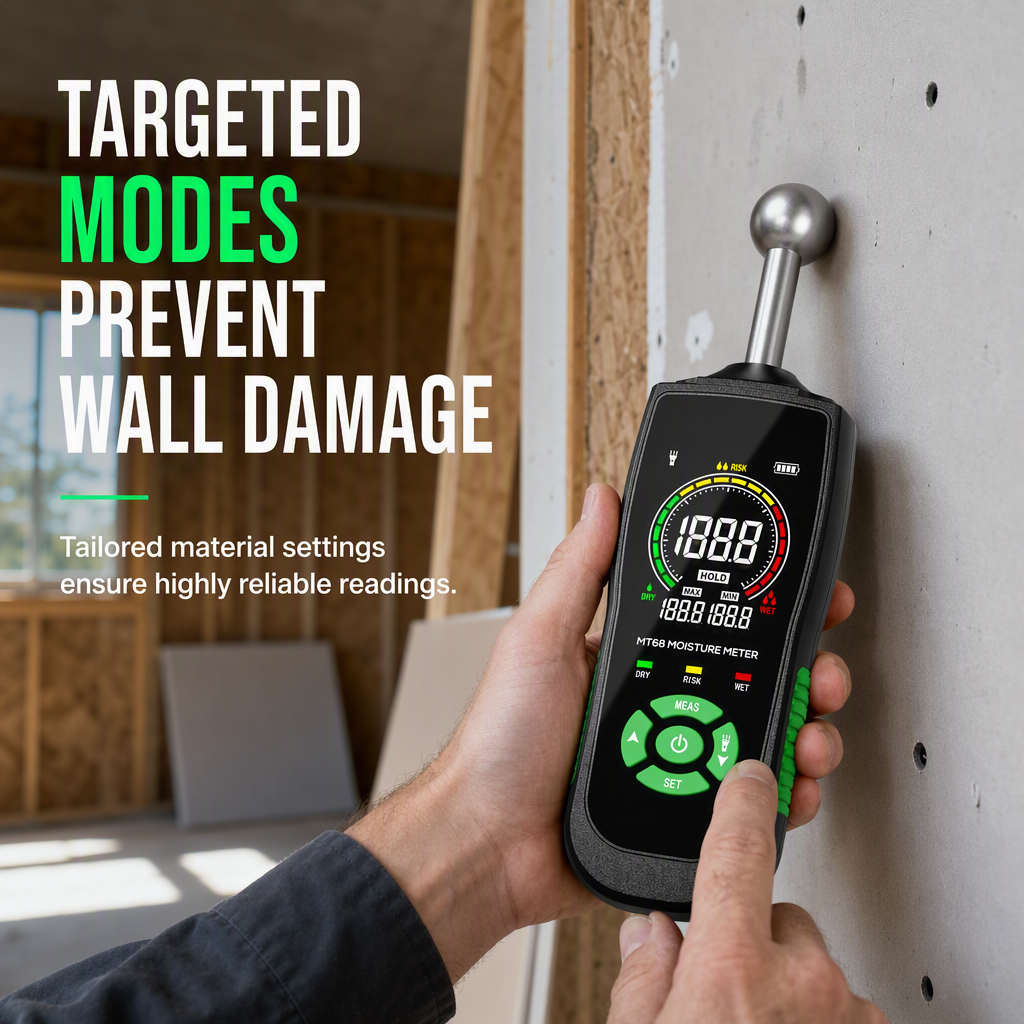MT68 Pinless Spherical Sensor Moisture Meter for Wall Plaster Putty Masonry and Tile Leakage Testing