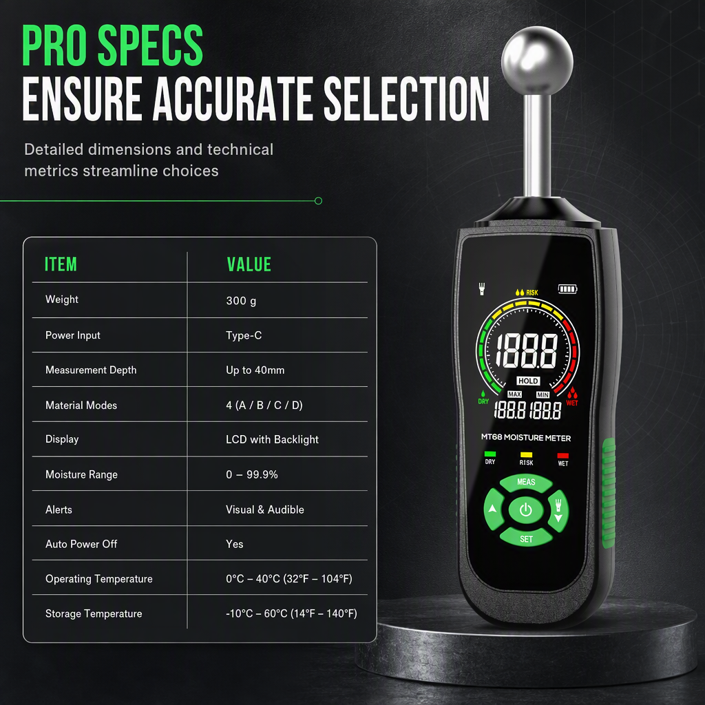MT68 Pinless Spherical Sensor Moisture Meter for Wall Plaster Putty Masonry and Tile Leakage Testing