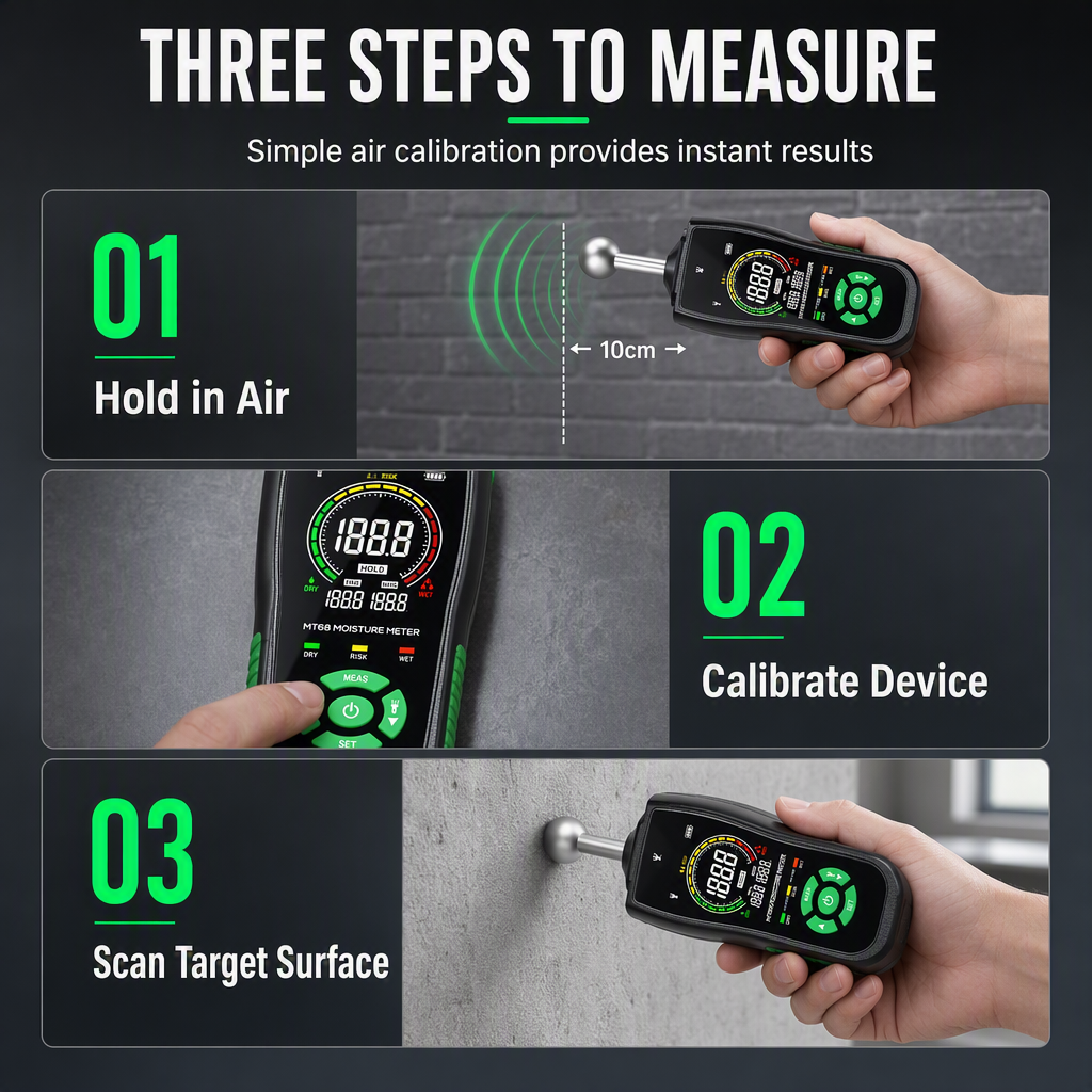 MT68 Pinless Spherical Sensor Moisture Meter for Wall Plaster Putty Masonry and Tile Leakage Testing