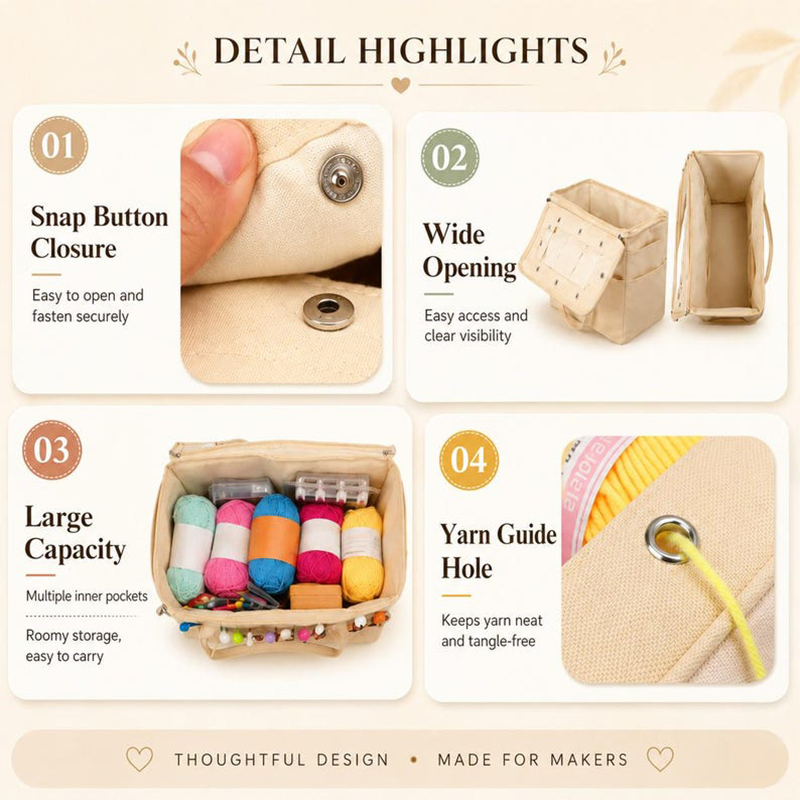 Canvas Yarn Storage Bag with Needle Pockets