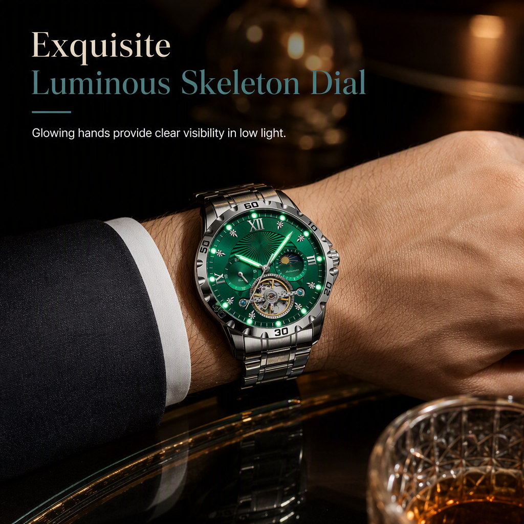 Men's Automatic Mechanical Watch Luminous Water Resistant Business Skeleton Flywheel Wristwatch with Stainless Steel Strap