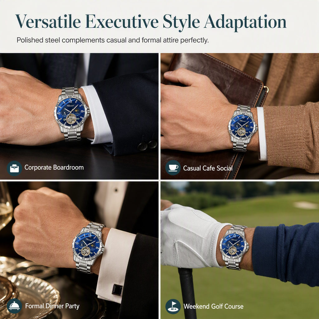 Men's Automatic Mechanical Watch Luminous Water Resistant Business Skeleton Flywheel Wristwatch with Stainless Steel Strap