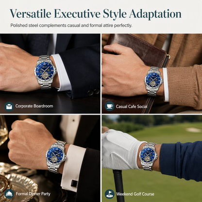 Men's Automatic Mechanical Watch Luminous Water Resistant Business Skeleton Flywheel Wristwatch with Stainless Steel Strap