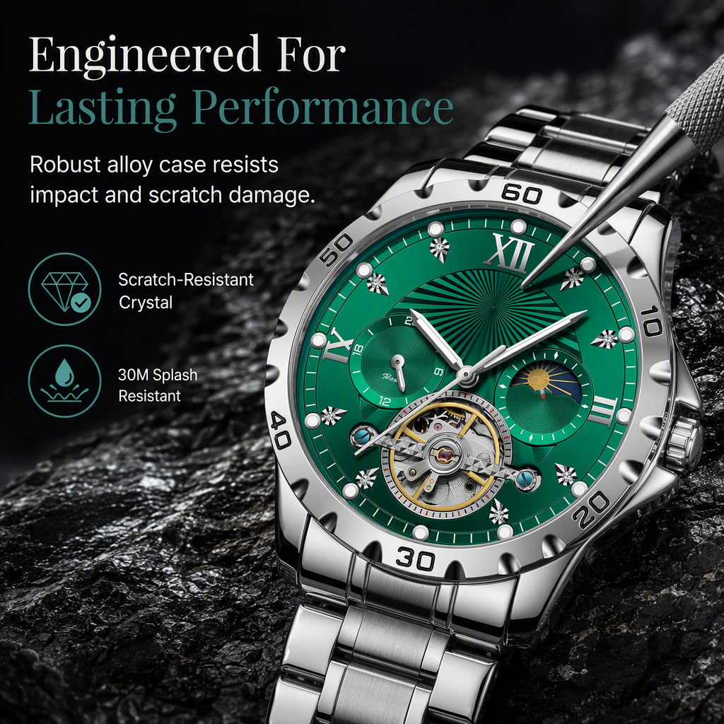 Men's Automatic Mechanical Watch Luminous Water Resistant Business Skeleton Flywheel Wristwatch with Stainless Steel Strap